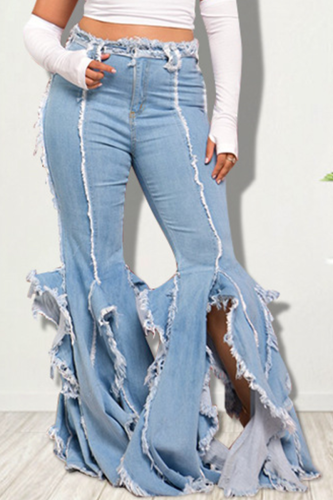 Baby Blue Casual Solid Tassel Mid Waist Boot Cut Denim Jeans