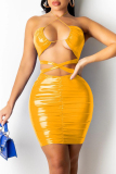 Yellow Fashion Sexy Solid Hollowed Out Backless Halter Sleeveless PU Dress