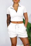 White Casual Solid Patchwork Zipper Turndown Collar Short Sleeve Two Pieces