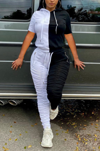 Black Fashion Casual Stitching Short Sleeve Trousers Set