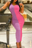 Pink Fashion Sexy Patchwork Ripped O Neck Vest Dress