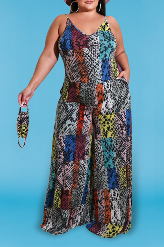 Black Sexy Print Patchwork Spaghetti Strap Plus Size Jumpsuits
