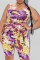 Purple Sexy Print Split Joint Square Collar Plus Size Two Pieces