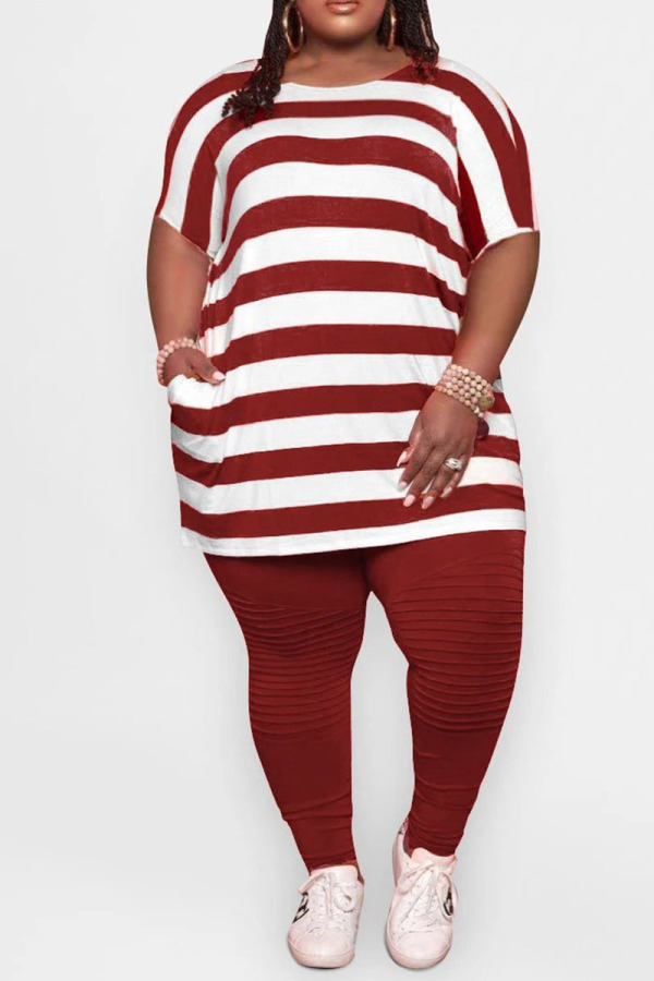 Burgundy Casual Striped Split Joint Pocket O Neck Plus Size Two Pieces