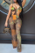 Brown Sexy Patchwork Tie-dye Mesh Oblique Collar Boot Cut Jumpsuits
