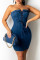 Blue Fashion Sexy Solid Frenulum Backless Strapless Sleeveless Dress