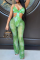 Green Sexy Patchwork Tie-dye Mesh Oblique Collar Boot Cut Jumpsuits