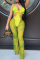 Yellow Sexy Patchwork Tie-dye Mesh Oblique Collar Boot Cut Jumpsuits