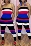 Black Fashion Sexy Striped Print Backless Strapless Regular Jumpsuits