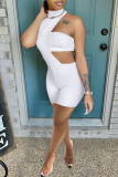 White Fashion Sexy Solid Backless Turtleneck Short Sleeve Two Pieces