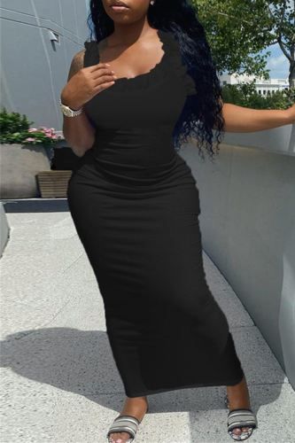 Black Sexy Solid Flounce Square Collar Pencil Skirt Dresses