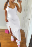 White Sexy Solid Flounce Spaghetti Strap Irregular Dress Dresses