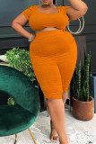 Orange Sexy Casual Solid Fold Square Collar Plus Size Two Pieces