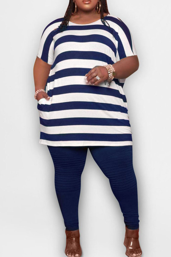 Blue Casual Striped Split Joint Pocket O Neck Plus Size Two Pieces