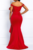 Red Sexy Solid Pearl V Neck Evening Dress Dresses