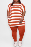 Red Casual Striped Split Joint Pocket O Neck Plus Size Two Pieces