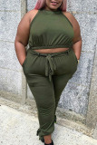 Army Green Casual Solid Bandage Patchwork O Neck Plus Size Two Pieces