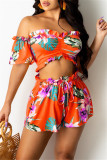 Yellow Fashion Casual Print Backless Off the Shoulder Short Sleeve Two Pieces