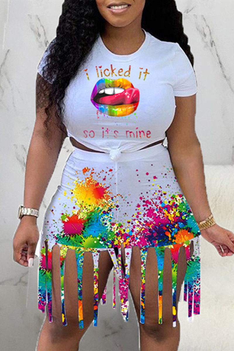 

White Fashion Casual Print Tassel O Neck Short Sleeve Two Pieces