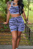 Blue Casual Print U Neck Sleeveless Two Pieces