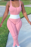 Pink Sportswear Solid Patchwork U Neck Skinny Jumpsuits