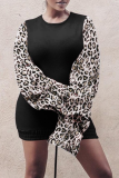 White Casual Leopard Patchwork O Neck Pencil Skirt Dresses
