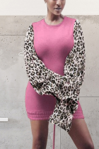 Pink Casual Leopard Split Joint O Neck Pencil Skirt Dresses