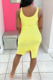 Yellow Fashion Sexy Solid Slit U Neck Vest Dress