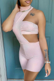 Pink Fashion Sexy Solid Backless Turtleneck Short Sleeve Two Pieces