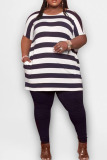 Purple Casual Striped Split Joint Pocket O Neck Plus Size Two Pieces
