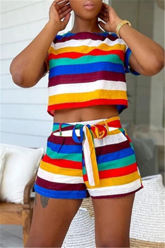 White Fashion Casual Striped Print Basic O Neck Short Sleeve Two Pieces