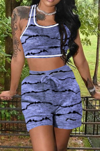Blue Casual Print U Neck Sleeveless Two Pieces