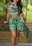Green Casual Print U Neck Sleeveless Two Pieces