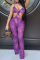 Purple Sexy Patchwork Tie-dye Mesh Oblique Collar Boot Cut Jumpsuits