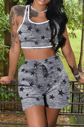 Light Gray Casual Print U Neck Sleeveless Two Pieces