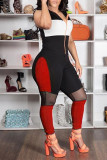 Black Red Casual Sportswear Patchwork Hooded Collar Sleeveless Skinny Jumpsuits