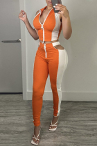 Orange Sexy Casual Patchwork Hollowed Out Zipper Collar Sleeveless Two Pieces