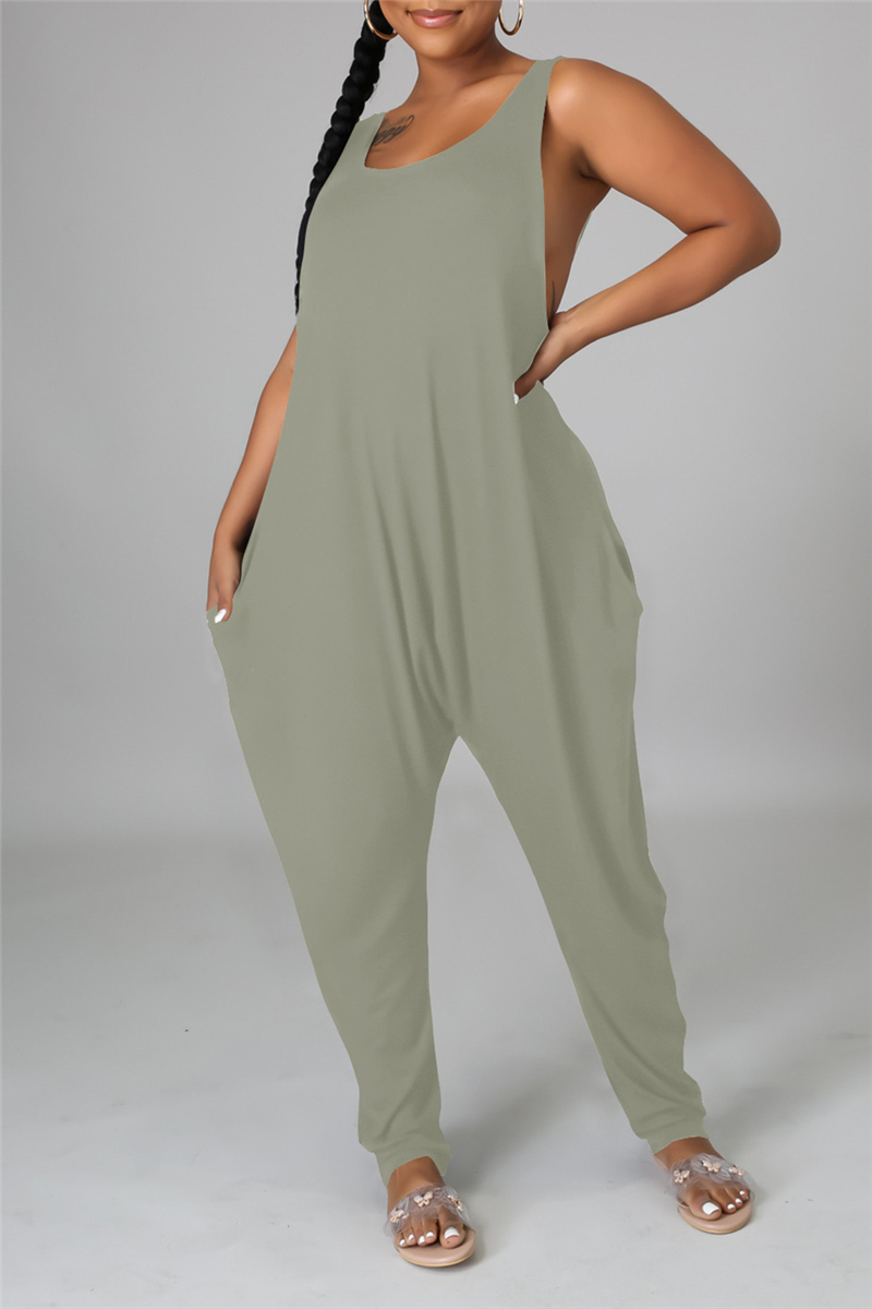 Light Green Fashion Casual Solid Basic O Neck Loose Jumpsuits_Jumpsuits ...