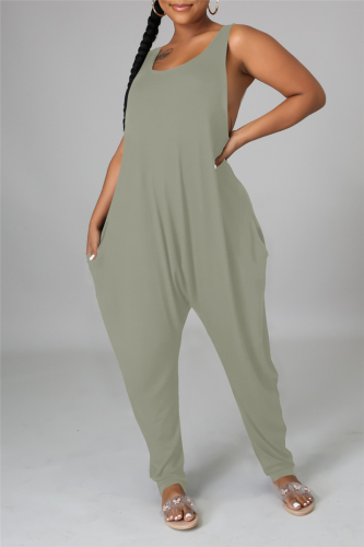 Light Green Fashion Casual Solid Basic O Neck Loose Jumpsuits