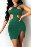 Green Fashion Sexy Solid Hollowed Out Slit O Neck Sleeveless Dress