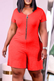 Orange Red Fashion Casual Solid Zipper O Neck Plus Size Jumpsuits