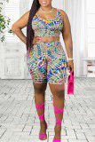 Multicolor Fashion Casual Print Vests U Neck Plus Size Two Pieces