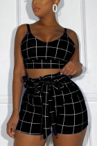 Black Sexy Plaid Print Camisole Shorts Set