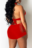 Red Sexy Solid Bandage Hollowed Out Patchwork Halter Sleeveless Two Pieces