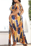 Brownness Elegant Print Hollowed Out Patchwork High Opening Off the Shoulder Printed Dress Plus Size Dresses