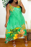 Green Fashion Casual Plus Size Print Backless Spaghetti Strap Sleeveless Dress
