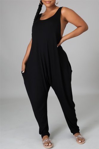 Black Fashion Casual Solid Basic O Neck Loose Jumpsuits