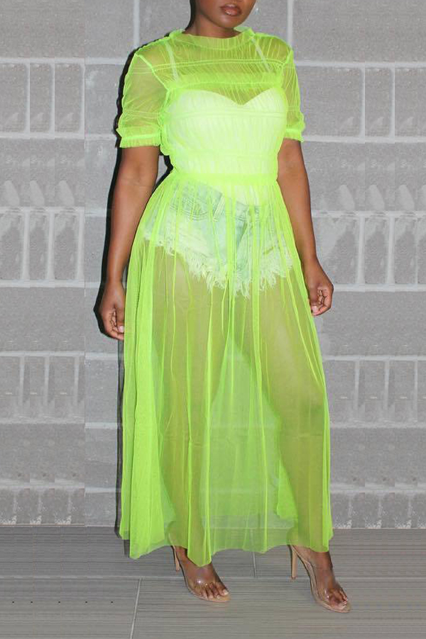 

Fluorescent Green Fashion Sexy Solid See-through O Neck Short Sleeve Dress