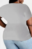Grey Fashion Casual Print Basic O Neck Plus Size Tops