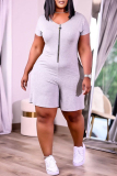 Grey Fashion Casual Solid Zipper O Neck Plus Size Jumpsuits